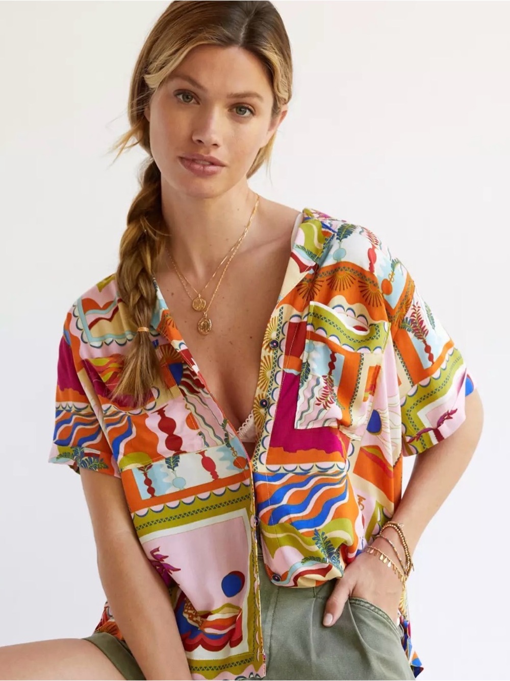Maeve Anthropologie Bon Voyage Postcard Buttondown shirt multicolor size Medium